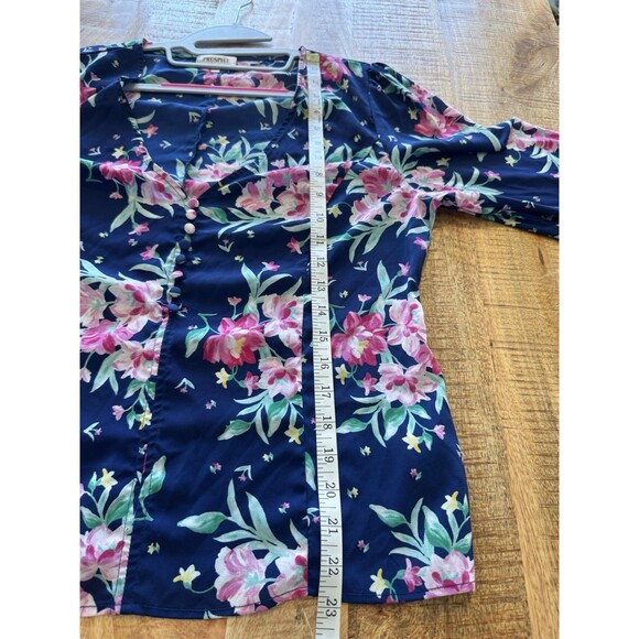 Prospect Women's Blue Pink Floral Blouse Henley V Neck Balloon Sleeve Sheer L - Picture 10 of 11
